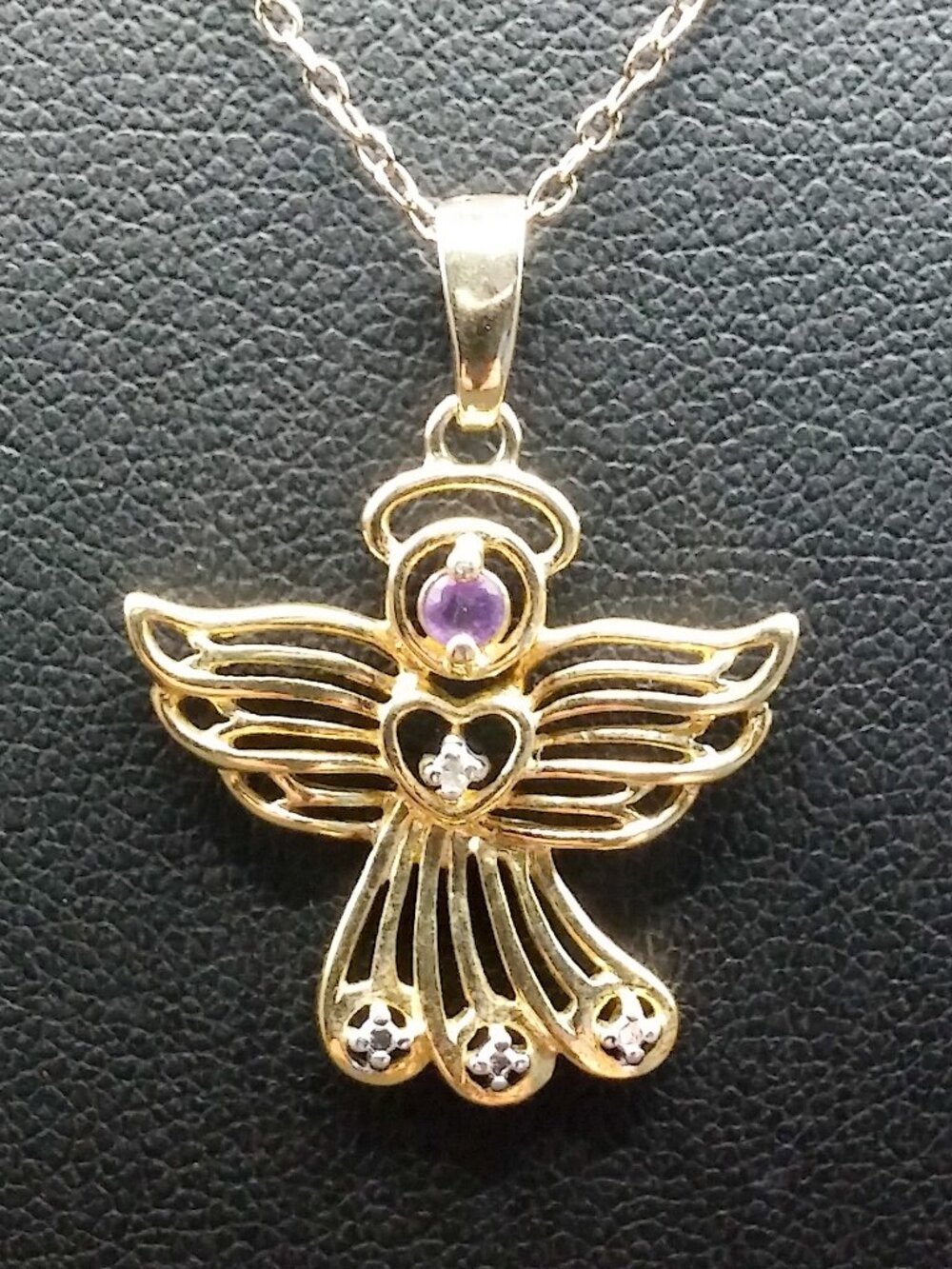 925 Sterling Silver Vermeil ROSS SIMONS Amethyst Diamond Angel Pendant Necklace